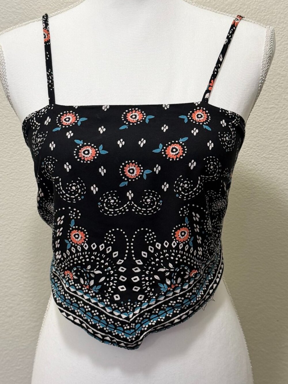 Angie black floral bandana style halter top with adjustable spaghetti straps, sm